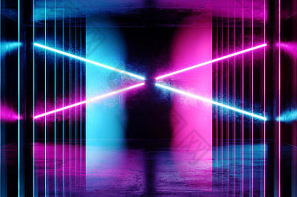 迷幻摘要未来主义的霓虹灯荧光sci充满活力的紫色的蓝色的发光激光展示阶段黑暗房间复古的现代虚拟背景空间