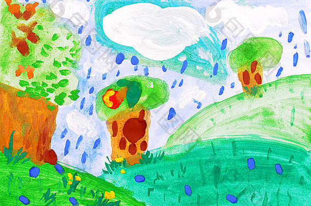 孩子的画绿色山树雨