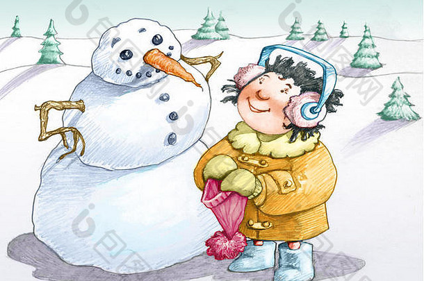 女孩持有手羊毛他把头可爱的不错的雪人铅笔有趣的快乐的插图