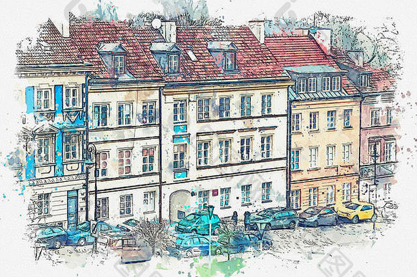 水彩草图插图传统的街公寓建筑华沙波兰