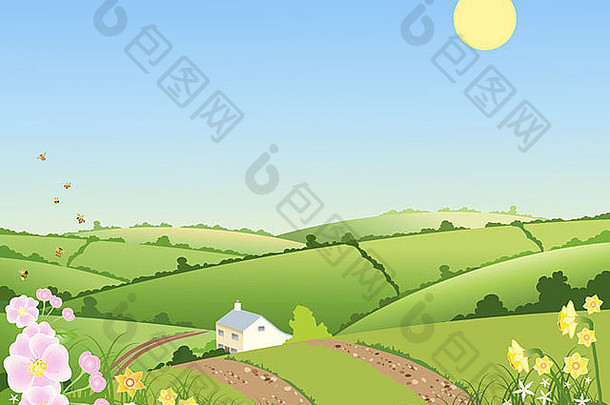 插图国家小屋春天景观滚动山篱笆墙花蓝色的天空