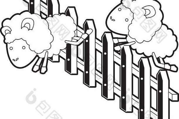 羊动物夫妇跳木栅栏黑色的颜色部分轮廓白色背景