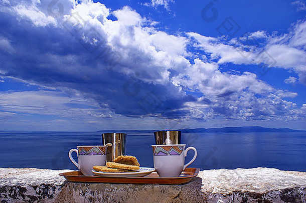 希腊<strong>咖啡</strong>墙蓝色的海