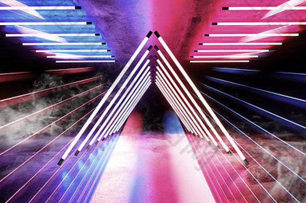 迷幻三角形sci烟霓虹灯激光宇宙飞船未来黑暗走廊发光的紫色的红色的蓝色的混凝土难看的东西走廊虚拟充满活力的发出荧光