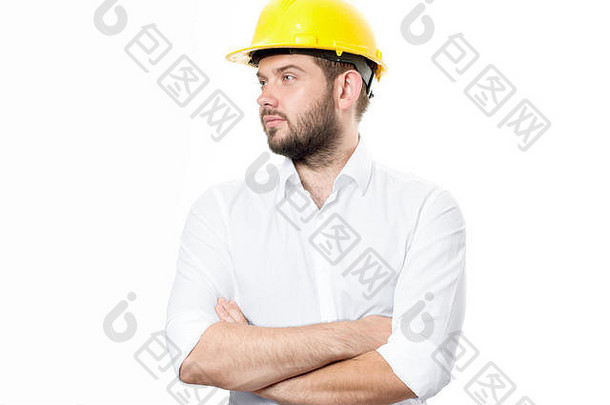 承包商黄色的头盔白色背景架构师构建器头盔