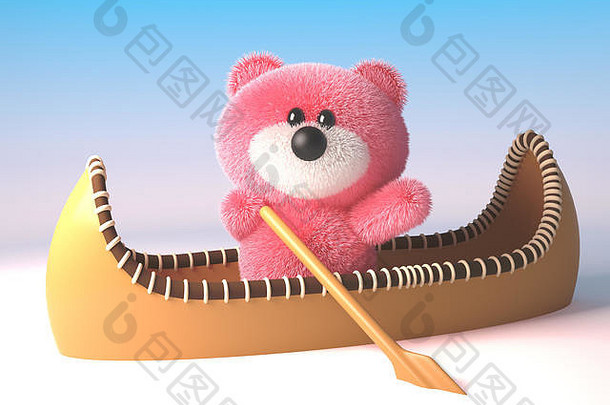 粉红色的毛茸茸的泰迪熊可爱的玩具皮艇独木舟插图渲染
