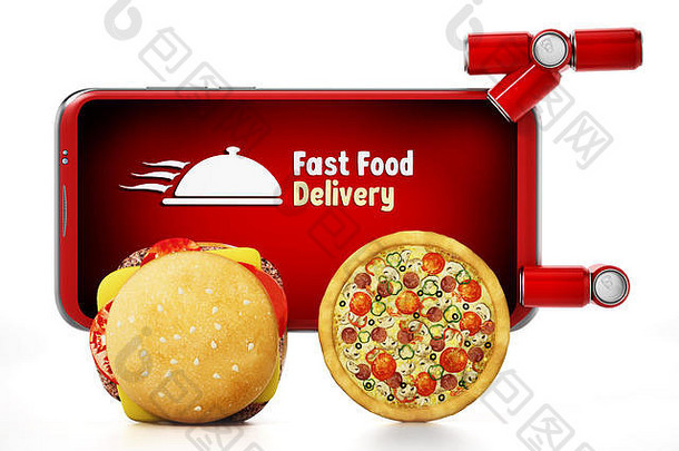 汉堡披萨安装智能手机快食物交付文本插图
