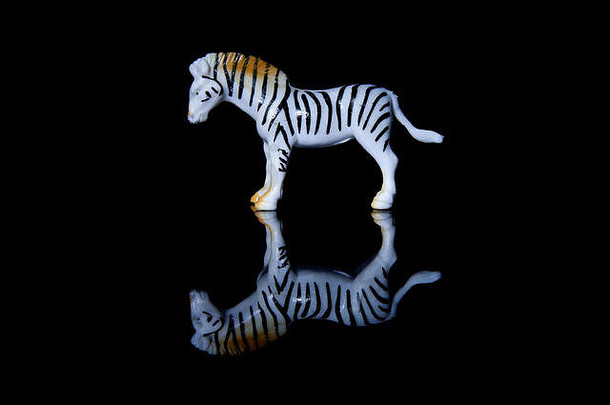 动物塑料玩具反光黑色的表面塑料斑马孤立的黑色的背景
