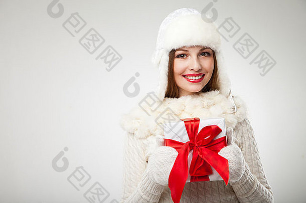 圣诞节x-mas情人节一天庆祝活动概念微笑女人礼物盒子光背景