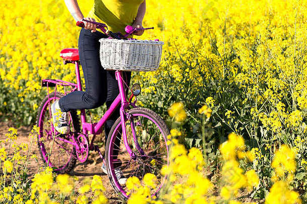 女孩站粉红色的自行车场黄色的油菜花