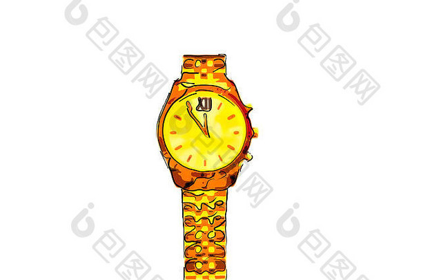 有趣的红色的黄色的黄金手表箭头手镯时间十二个