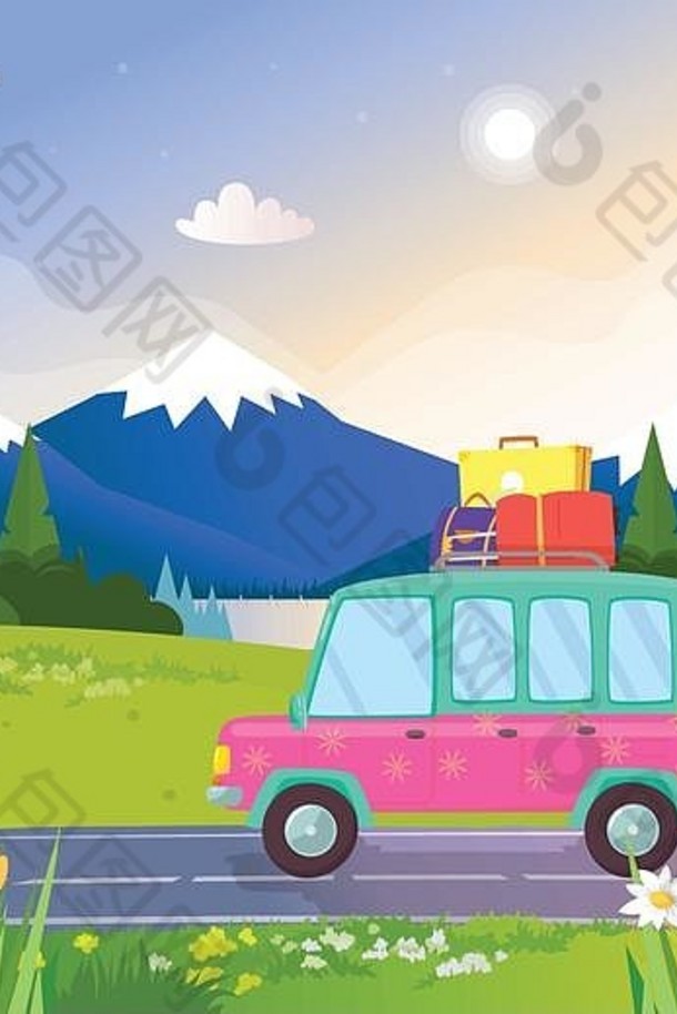 有趣的色彩斑斓的车树干行李屋顶路美丽的自然背景山景观湖松树旅行