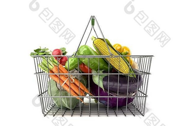 杂货店篮子蔬菜概念新鲜的食物出售渲染白色