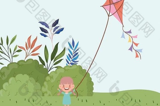 快乐女孩飞行风筝场景观