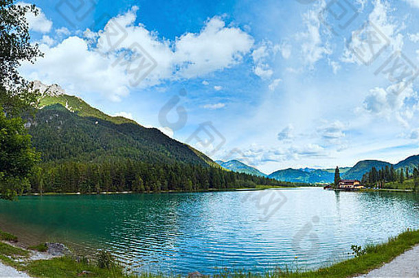 美丽的夏天高山湖皮勒湖全景奥地利照片复合图片