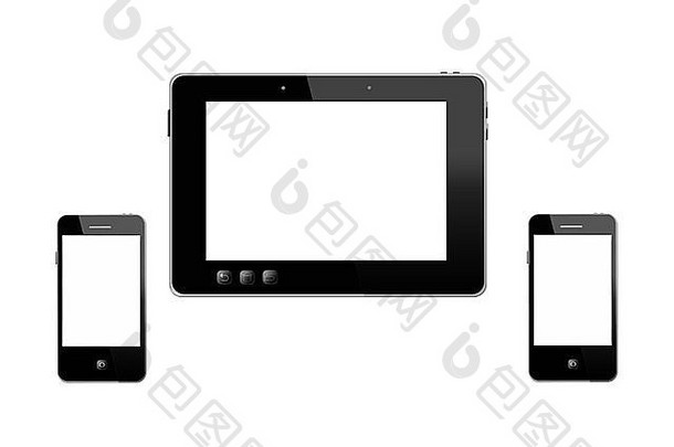 插图黑色的平板电脑现代移动手机孤立的白色背景