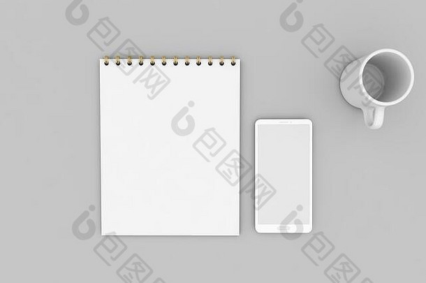 白色空白笔记本移动空杯子灰色的背景渲染插图