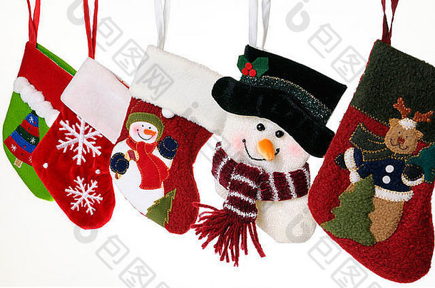 集合独特的圣诞节长袜雪人泰迪熊雪片装饰树挂白色背景锋利的