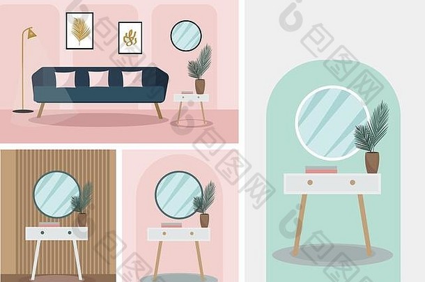 现代时尚的室内设计植物房间复古的家具天鹅绒沙发生活房间轮镜子古董基座表格