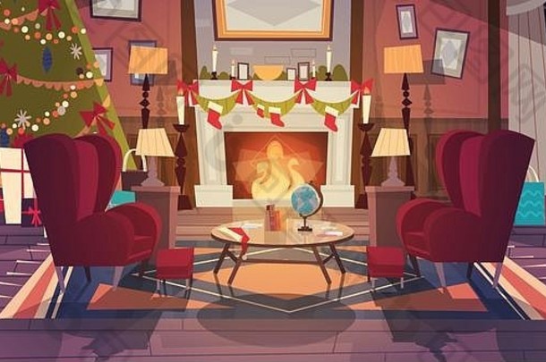 生活房间装饰圣诞节一年空扶手椅松树壁炉首页室内装饰冬天假期概念