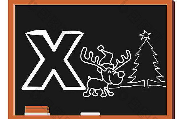 插图字母信可爱的驯鹿穿圣诞老人他孤立的黑板上x-mas