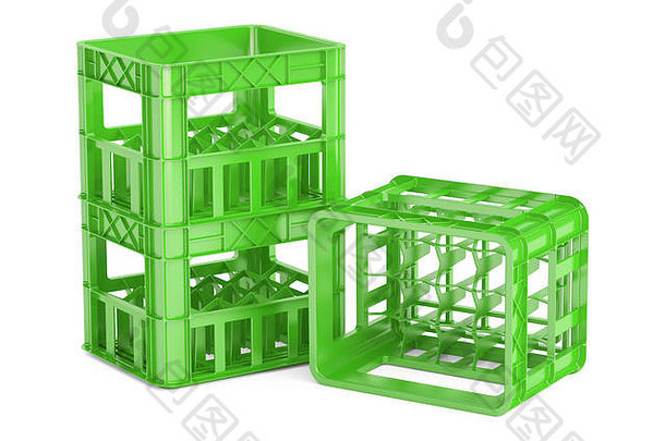 空绿色塑料存储盒子板条箱瓶呈现孤立的白色背景