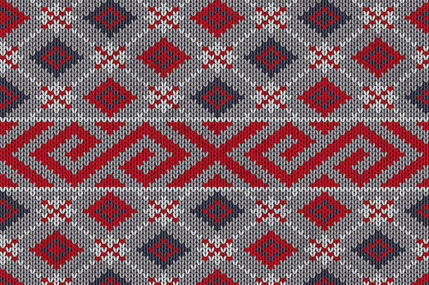 针织纹理织物灰色的背景红色的几何点缀无缝的模式插图