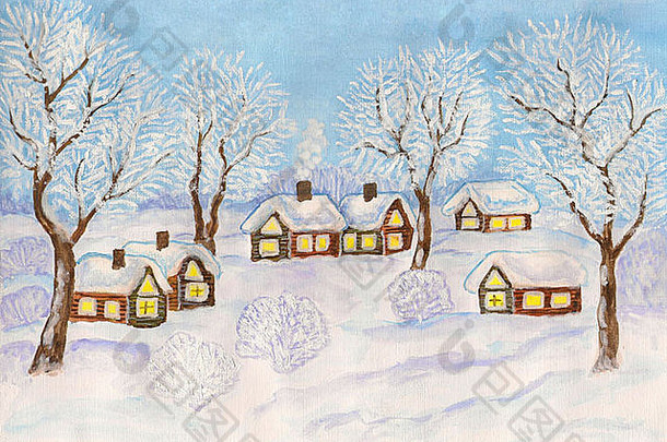 手画圣诞节插图水彩画白色水粉画冬天景观村房子树蓝色的天空