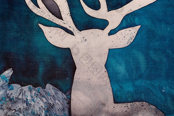 鹿神秘的山片段绿松石热蜡染背景纹理手工制作的丝绸摘要超现实主义艺术