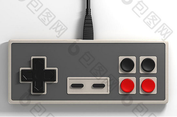 常规的古董矩形游戏控制器红色的黑色的按钮孤立的白色工作室背景