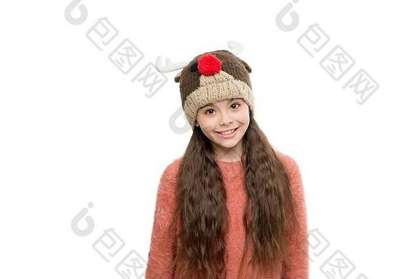 冬天空气孩子针织品时尚快乐孩子孤立的白色冬天冷有趣的小女孩他最喜欢的针织有趣的他活跃的健康童年感觉舒适的温暖的