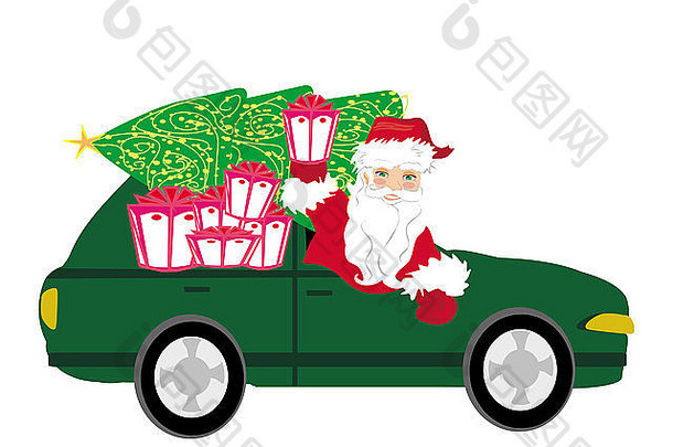 插图圣诞老人老人开车车圣诞节礼物