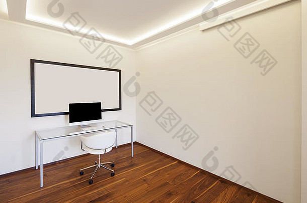 现代办公室极简主义白色墙木条镶花之地板