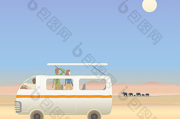 插图人车子Safari非洲大象蓝色的天空