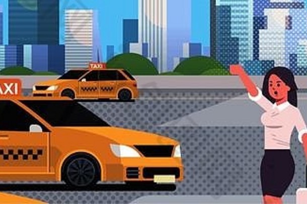 女商人捕捉出租车街业务女人正式的穿行李停止黄色的出租车城市运输服务概念城市景观