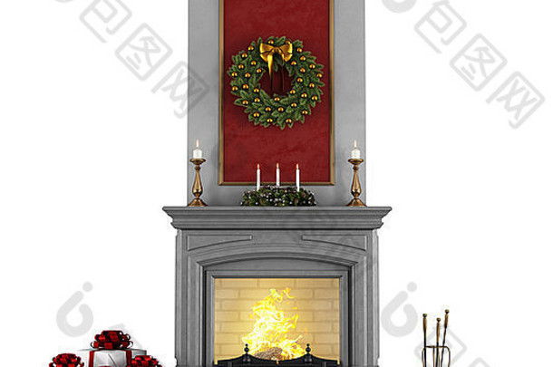 传统的壁炉圣诞节装饰孤立的白色呈现