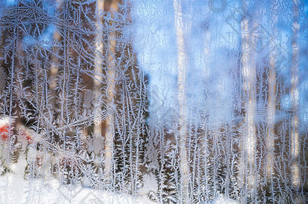 窗口霜冰晶体模式冻玻璃模糊农村景观背景