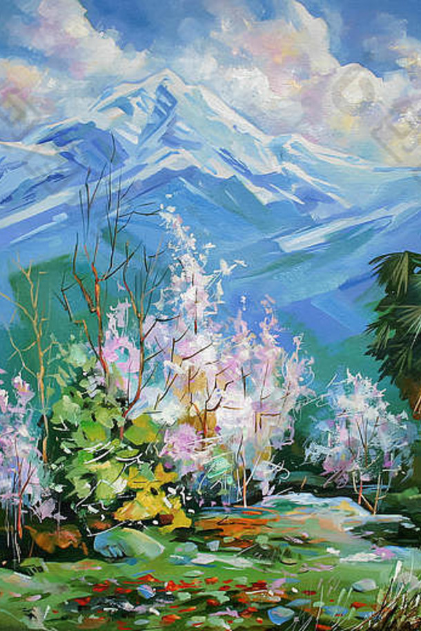 开花榅桲背景雪山峰艺术工作明亮的多汁的音调绘画石油帆布作者尼科sivenkov
