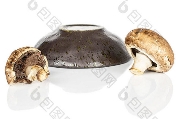 集团新鲜的棕色（的）蘑菇食用香草前面焦点上釉碗孤立的白色背景