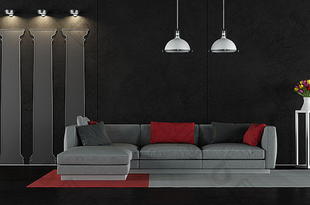 黑色的生活房间现代沙发形状经典列墙呈现