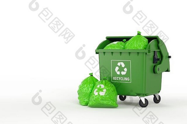 开放完整的加载回收垃圾站包围绿色垃圾袋