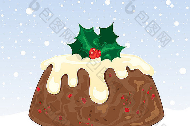 插图圣诞节布丁奶油结霜冬青装饰雪背景