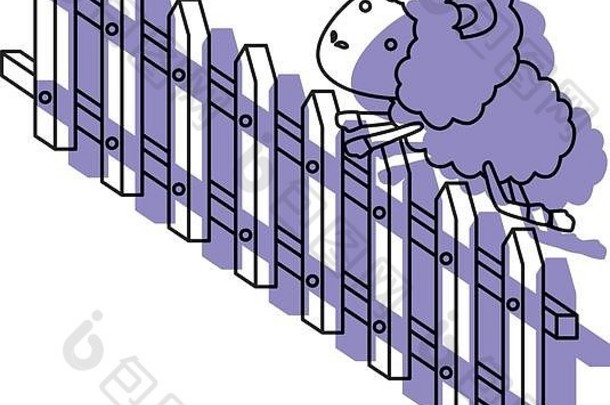 羊动物跳木栅栏紫色的水彩轮廓白色背景