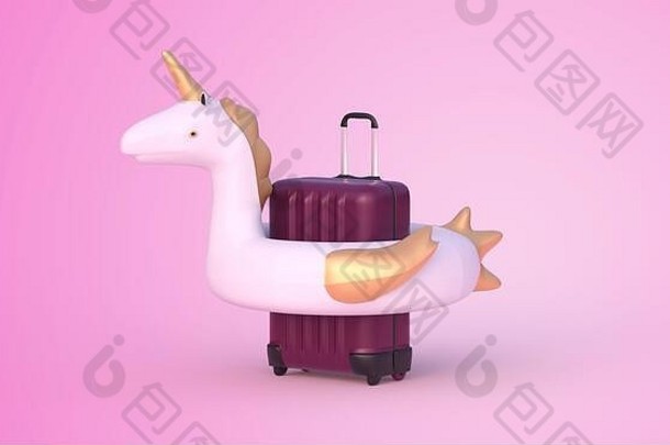 手提箱独角兽浮标粉红色的背景呈现