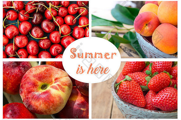 照片拼贴画夏天浆果水果草莓甜蜜的樱桃水滴成熟的有机杏子土星桃子油桃贴纸