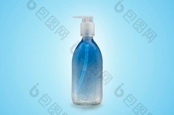 蓝色的清晰的肥皂玻璃瓶泵化妆品卫生医疗目的背景复制空间