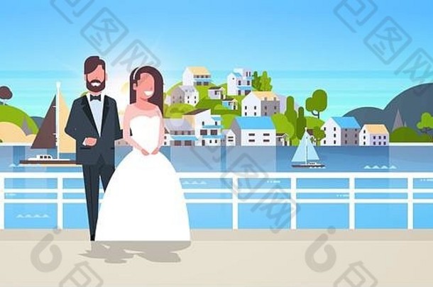 新婚夫妇男人。女人站浪漫的夫妇新娘新郎拥抱婚礼一天概念山城市岛景观背景