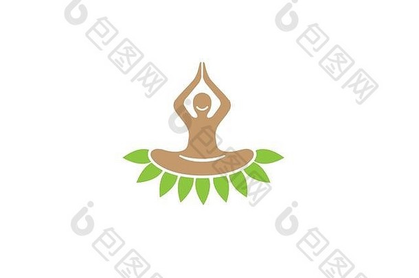 人集叶子手微笑冥想瑜伽健康绿色标志设计插图白色背景