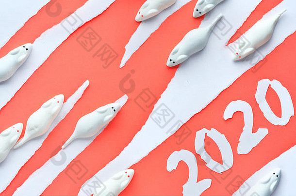 纸平躺珊瑚白色颜色棉花糖老鼠撕裂纸条纹纸数量快乐一年鼠标!