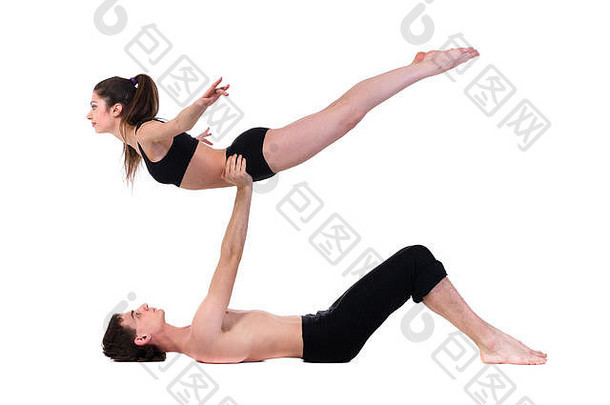夫妇男人。女人锻炼健身跳舞白色背景